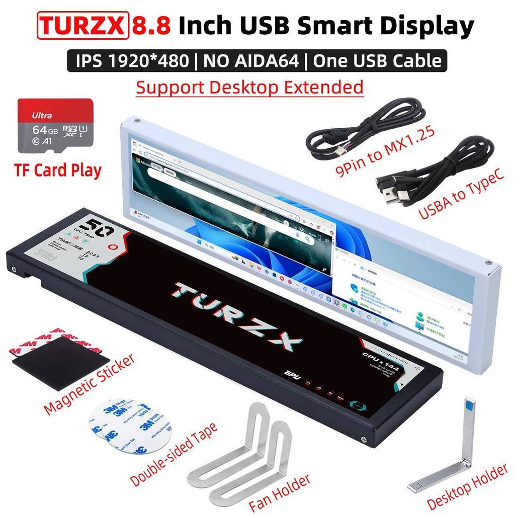 TURZX 8.8 นิ้วจอแสดงผลสมาร์ท USB หน้าจอรอง Type-C เดสก์ท็อปขยายเล่น TF Card 1920*480 IPS LCD CPU RAM GPU FPS Monitor