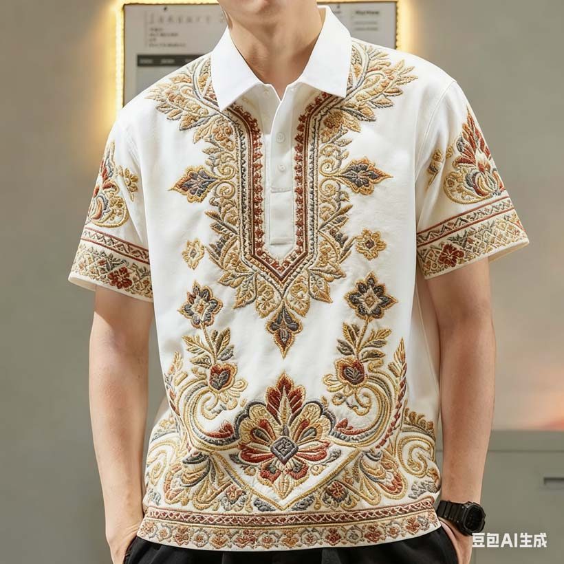 เสื้อโปโลอเมริกันย้อนยุคสำหรับผู้ชาย สไตล์ปัก สีเทา แขนสั้น ปกขนาดใหญ่ เหมาะสำหรับสวมใส่ในฤดูร้อน