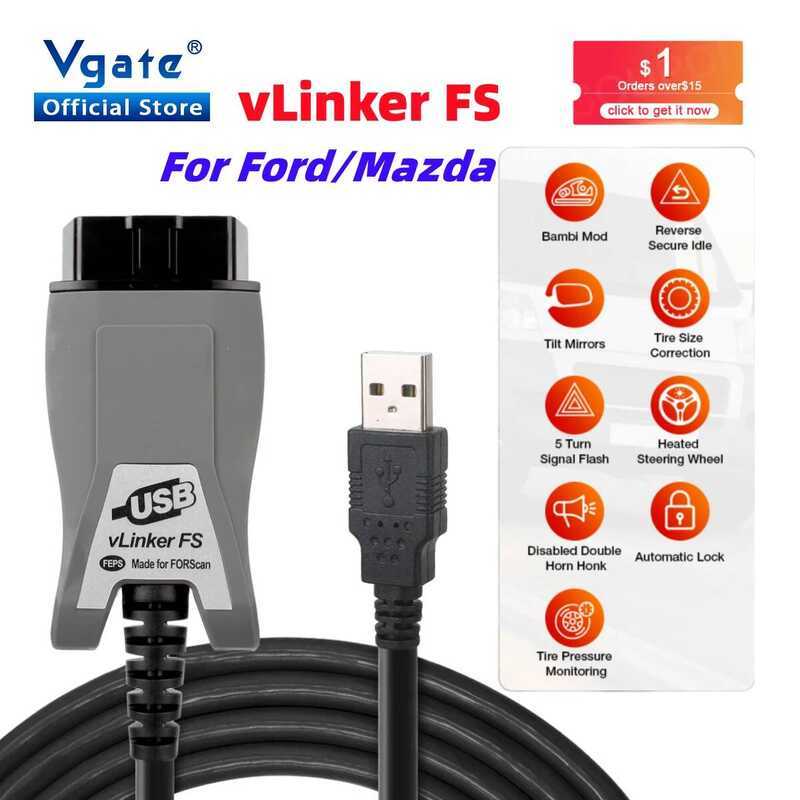 Vgate VLinker FS ELM327 สำหรับ Ford FORScan HS MS CAN ELM327 OBD 2 OBD2 เครื่องมือสแกนวิเคราะห์ปัญหา
