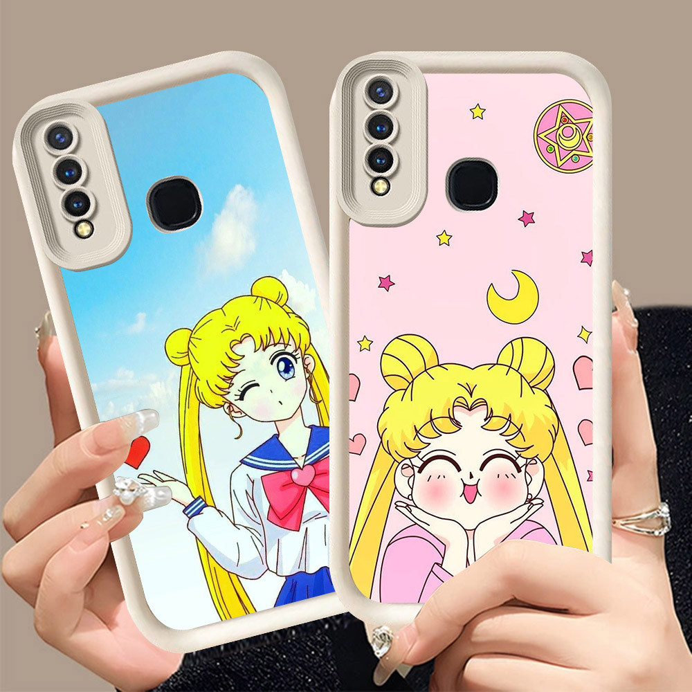 Q-4 Sailor Moon ขาวดำเคสโทรศัพท์หรับ VIVO Y30 Y30i Y50 Y12 Y17 Y3S Y17S Y15 ปกสีชมพู