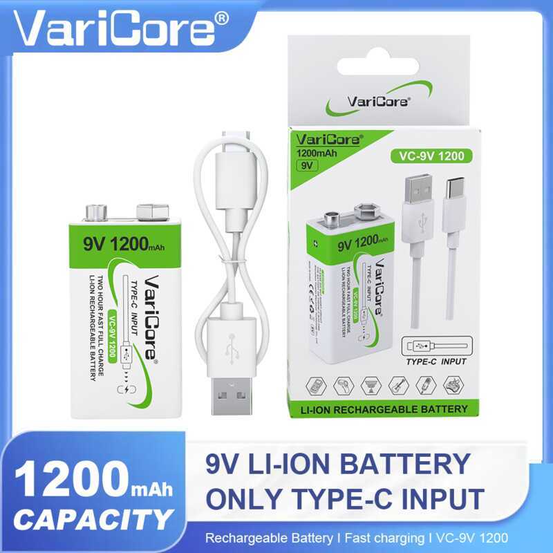 i-Ion 6F22 Rechargeable Battery USB Type-C Charge For Microphone Multimeter RC Toys Temperature Gun