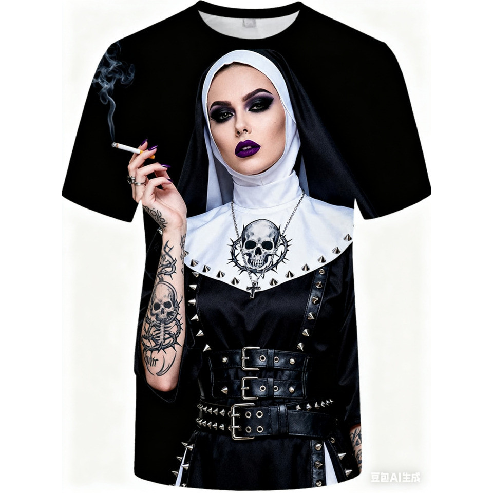 Rock tattoo แม่ชีกราฟิกเสื้อยืด 3d การพิมพ์กีฬาฤดูร้อน Leisure แห้งได้อย่างรวดเร็วชายเสื้อยืดเสื้อผ้