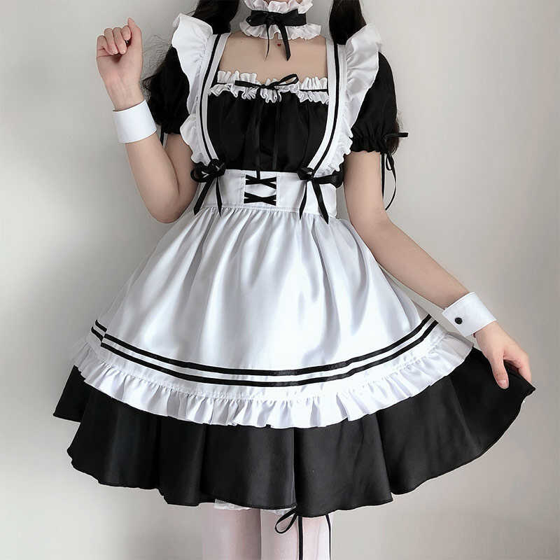 W Women Maid Outfit Anime Long Dress Black And White Apron Dress Lolita Dresses Men Cafe Costume Co