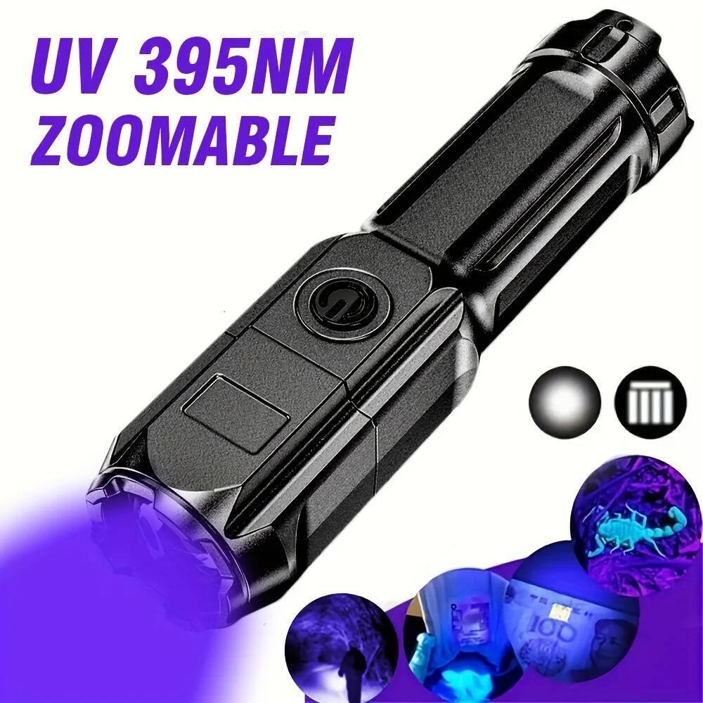 ไฟฉาย UV แบบพกพา UV395NM ไฟฉาย ABS Zoomable 3 โหมด Camping ไฟฉายอัลตราไวโอเลตสําหรับสัตว์เลี้ยงซ้อนก