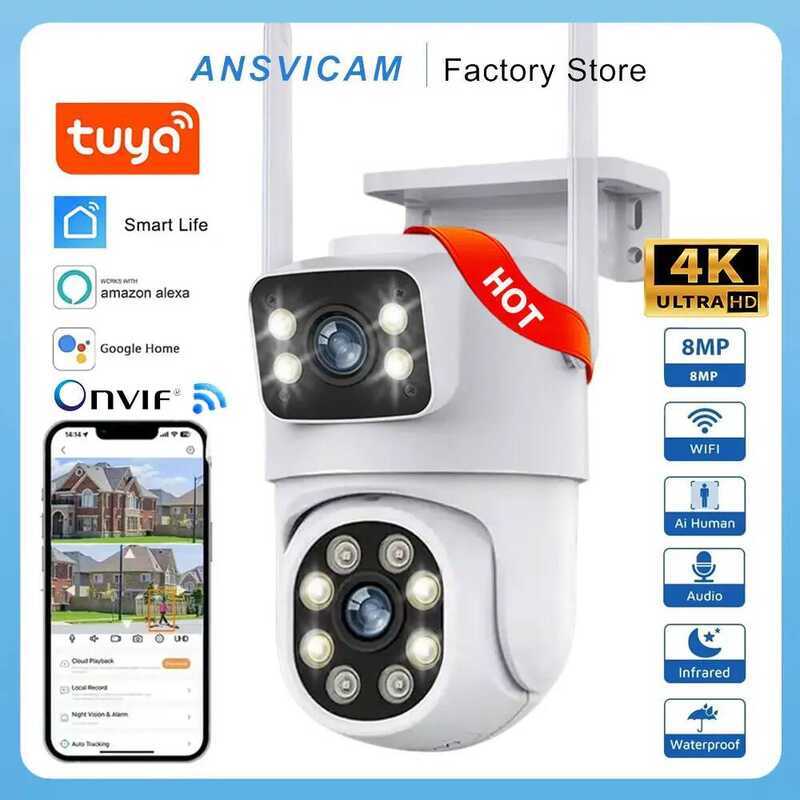 ANSVICAM Tuya กล้อง WiFi 4K 8MP เลนส์คู่ PTZ สำหรับใช้งานกลางแจ้ง รองรับ Alexa, Google, Onvif, NVR ก