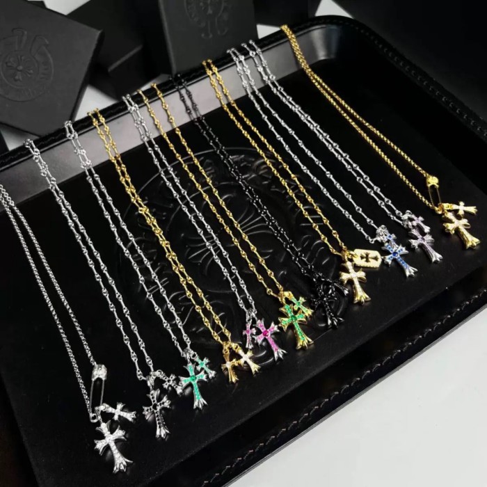 Chrome Hearts สร้อยคอ Chrome Hearts สร้อยคอไม้กางเขนคู่คลาสสิกผู้ชายและผู้หญิง Retro