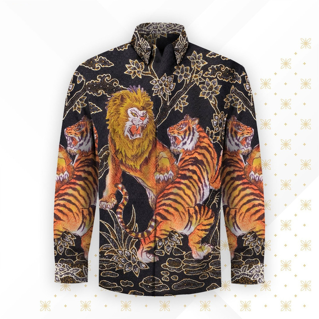 Mighty Beast Series Buddy Lion Tiger Totem สีดําทอง Batik สไตล์เสื้อแขนยาวผู้ชาย Retro หรูหราส่วนบุค