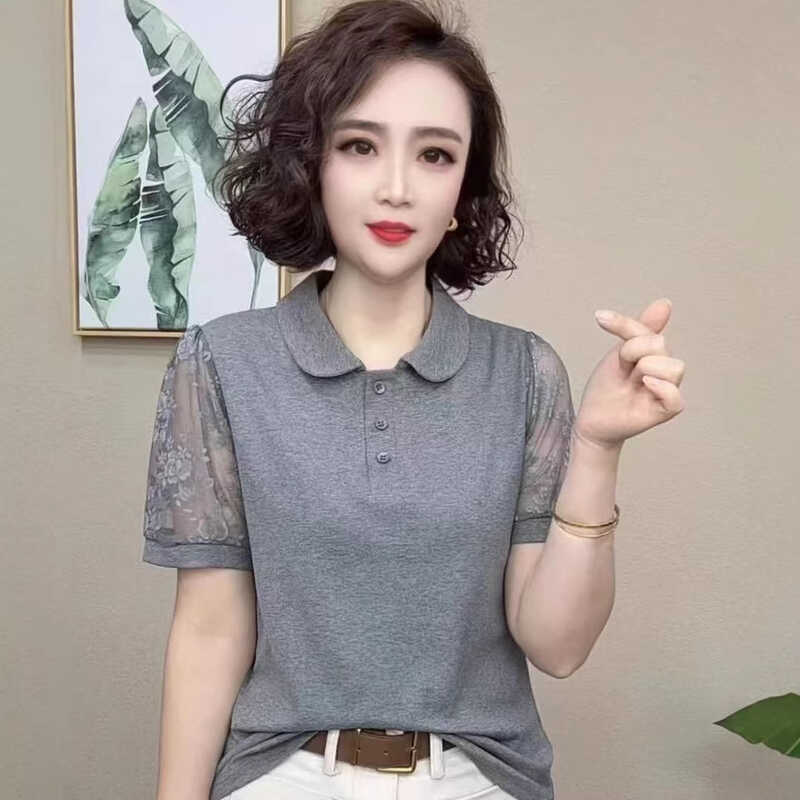 สุภาพสตรีแขนสั้น Mom Middle-Aed หลวม High-End เสื้อขนาดเล็กกลางเสื้อยืดสบายสบายๆรอบคอ