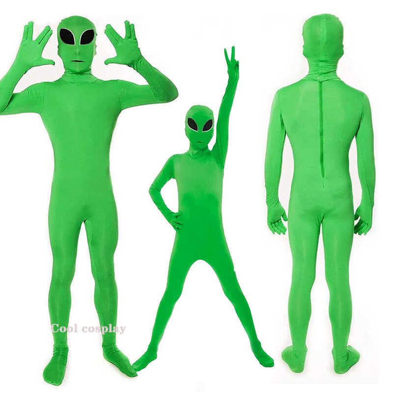 W Kids Adult ET Alien Cosplay Costume Zentai Jumpsuits Green ET Alien Mascot Halloween Carnival Mas