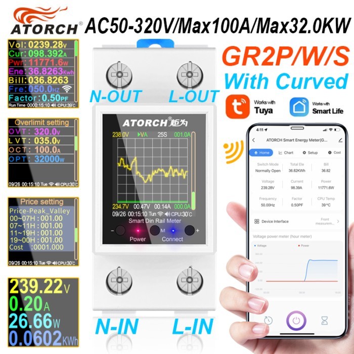 ATORCH AC110/220V 100A WIFI Din Rail Meter Leakage Security Protection Breaker Switch Remote Contro