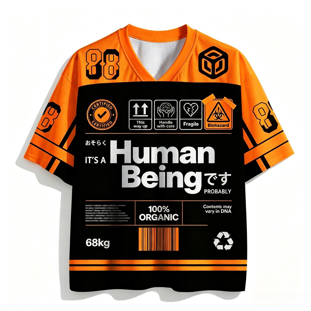 ตลกมนุษย์ Being Label Barcode กราฟิก V คอแขนสั้นเสื้อยืด Unisex Y2K 3D พิมพ์ Harajuku Streetwear ลํา