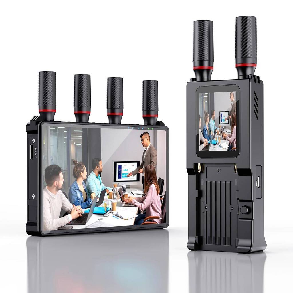 Wireless HDMI Extender เครื่องส่งสัญญาณและตัวรับสัญญาณพร้อมจอ LCD 7 "400m 5G 0.05s Latency สําหรับกล