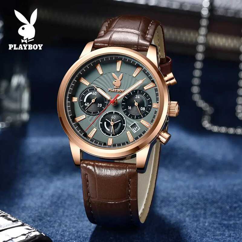 045 PLAYBOY นาฬิกาผู้ชาย นาฬิกาข้อมือผู้ชาย นาฬิกาแฟชั่น สายหนัง หน้าปัดเรืองแสง มีปฏิทินบอกวันที่