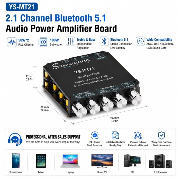 YS-MT21 2.1 Channel Bluetooth 5.1 Amplifier Board 50W×2+100W Subwoofer Hi-Fi Audio USB AUX DIY Spea