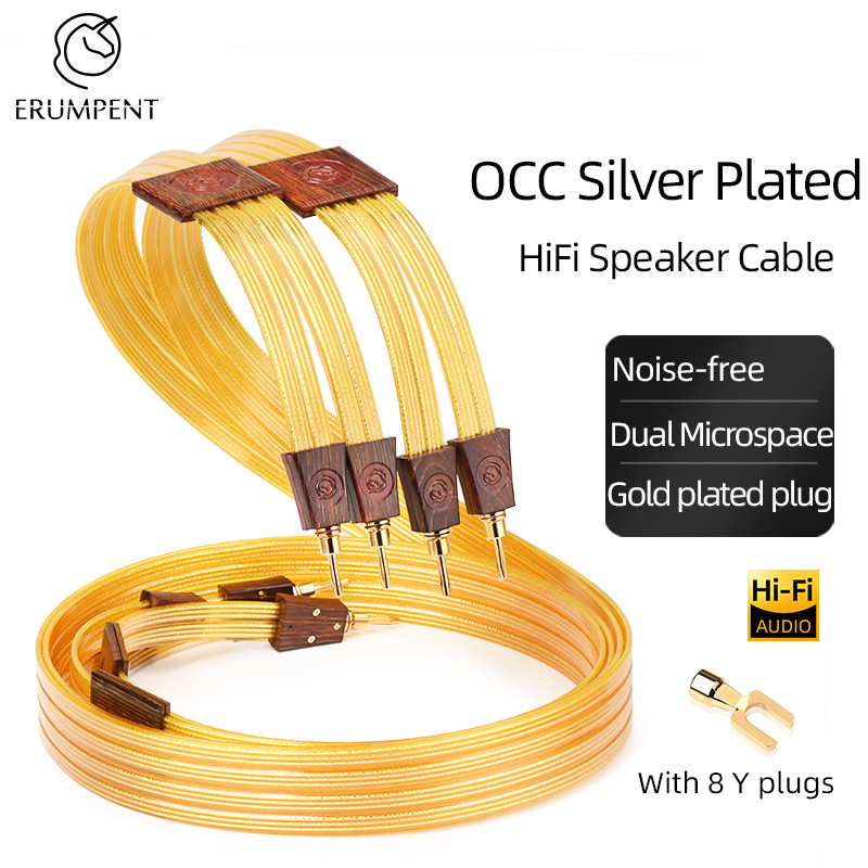หนึ่งคู่ Hi-end HiFi สายลําโพง OCC Silver Plated Felt ลําโพงลวดปลั๊กกล้วยและ Y Spade Plug Audiophile