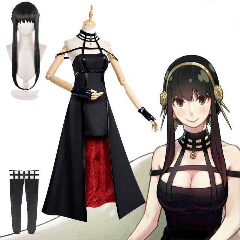 W Anime Spy Family Yor Forger Cosplay Anime Killer Assassin Gothic Halter Black Dress Outfit Unifor