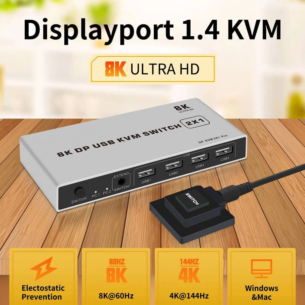 8K Displayport KVM Switch 4K@144hz 2-port USB KVM 8K Displayport 1.4 Switch KVM Dp switch mouse&keyb