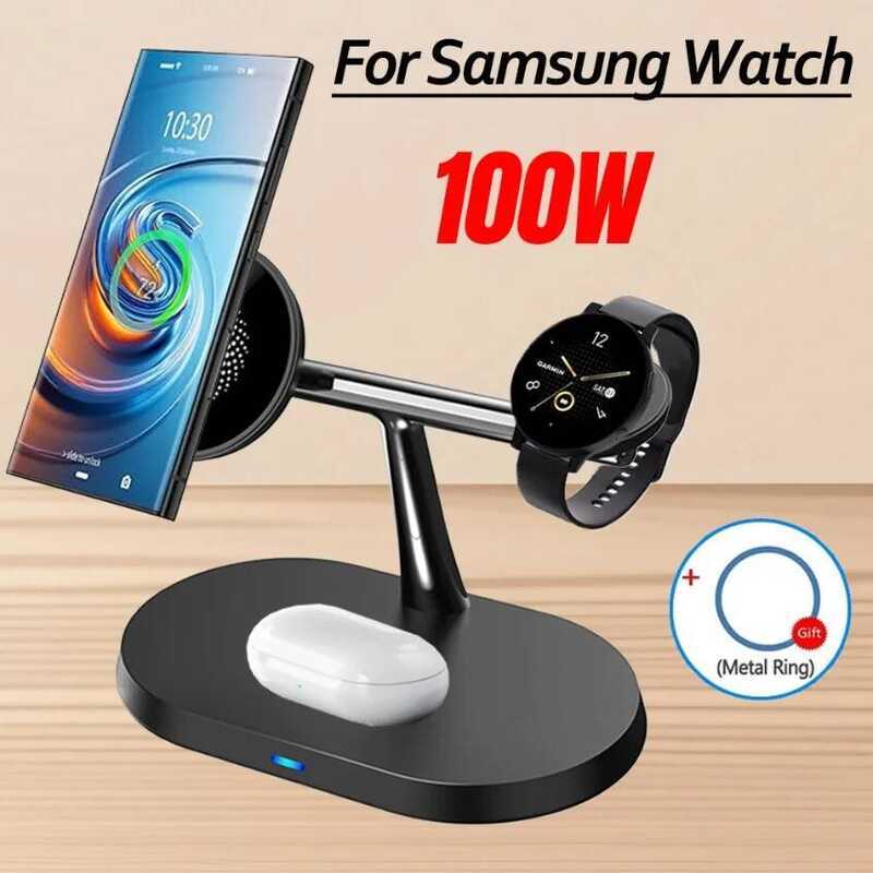 C 100W Magnetic Wireless Charger 3-In-1 Stand Dock For S25 S24 S23 Galaxy Watch 7 6 5 4 3 2 Buds2/3