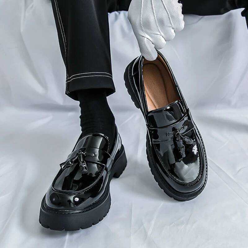 C New Platform Shoes Loafers Shoes Men Thick-Soled Wedding Shoes Black Formal Business Shoes Slip-O