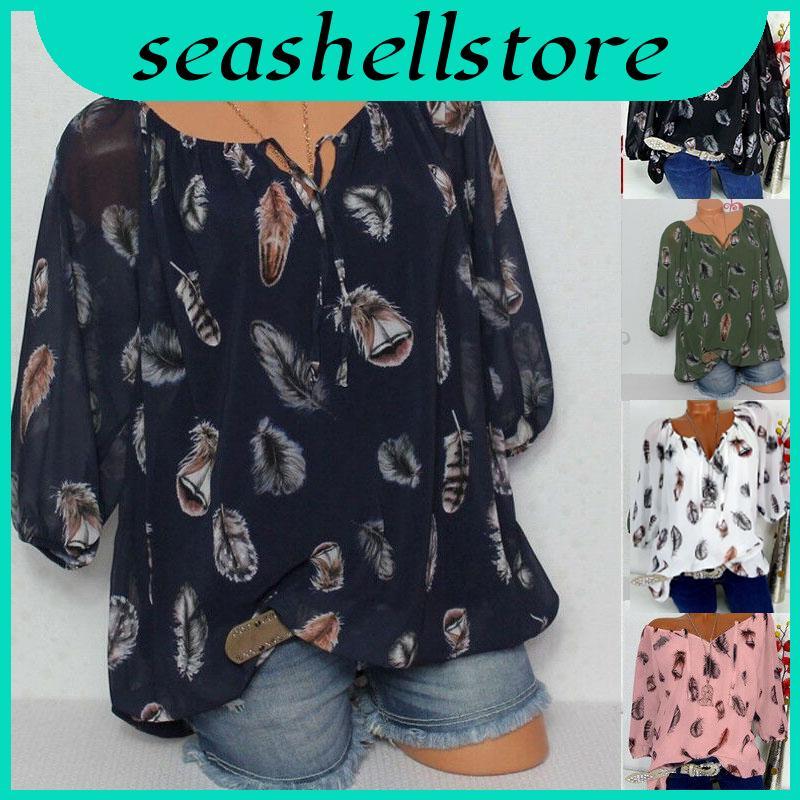 ผู้หญิงมีสไตล์ Boho V คอ Feather พิมพ์เสื้อหลวม Fit Comfort ความพยายามสําหรับ