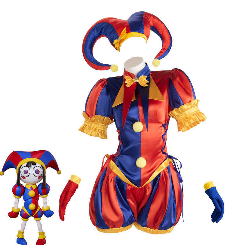 W Pomni Jester Cosplay Costume Red Blue Satin Jumpsu Wh Jester Hat Mismatched Gloves Women Hallowee