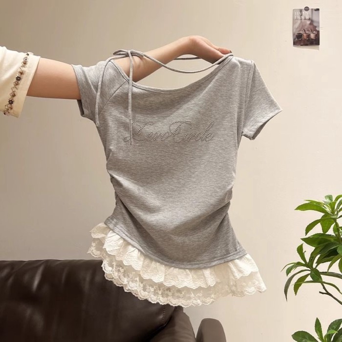 สไตล์เกาหลี Diagonal Collar Strapless Lace Hem เสื้อยืดแขนสั้นผู้หญิงฤดูร้อนสไตล์ใหม่ Slimmer ดู Slim-fit