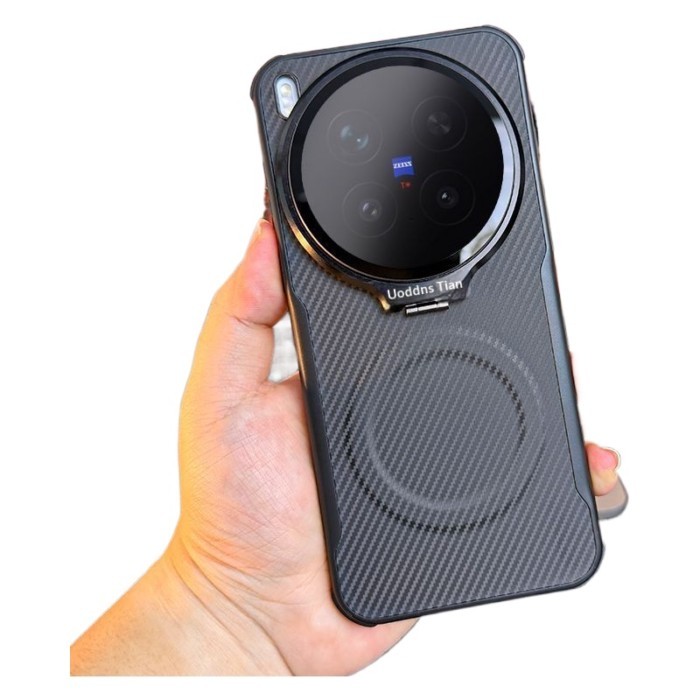 Magnetic CarbonFiber Texture PC เคสกันกระแทกพร้อมขาตั้งเลนส์แบบพับได้สําหรับ VIVO X300 X300Pro X300 Ultra