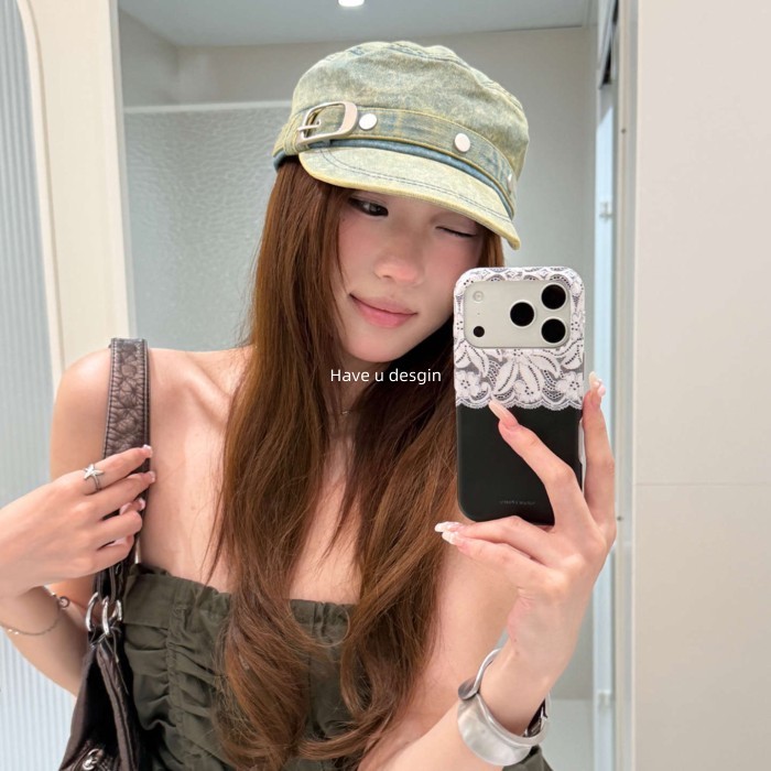 Have u desgin Cowboy Flat Top Cap Womens High-End Face-Revealing Pony Hat Beret