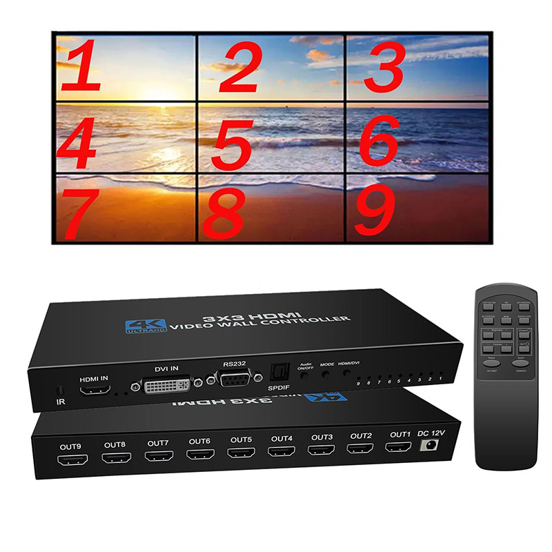 4K Video Wall Controller 3x3 1080P HDMI Video Image Processor 3x3 2x4 1x3 1x4 สําหรับ 9 หน้าจอเย็บ S