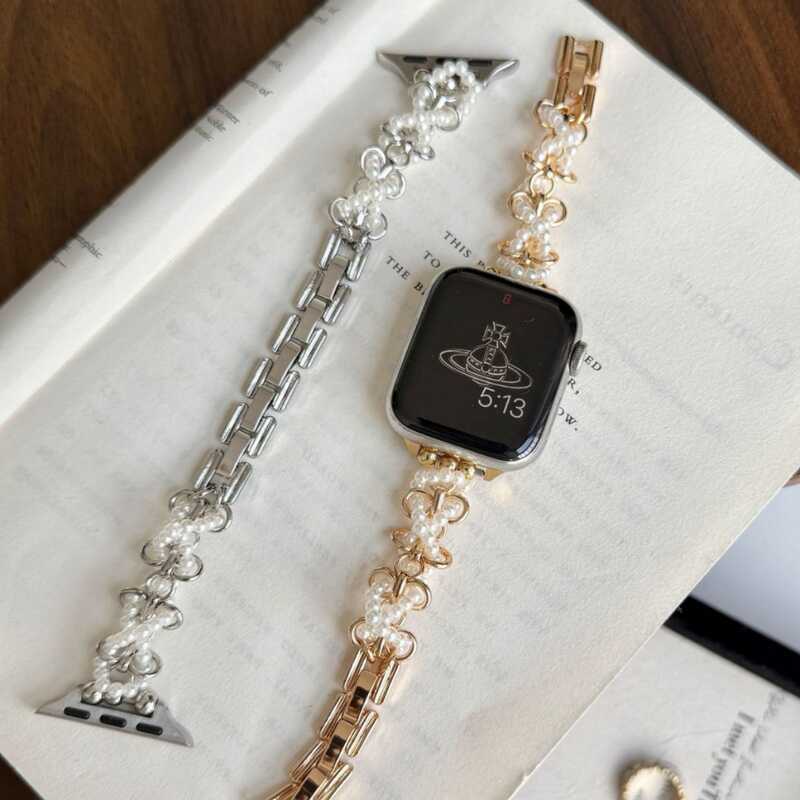 สายโลหะโซ่มุกเหมาะสําหรับ Apple Watch iwatch11 Generation987654อัลตร้า/ซี