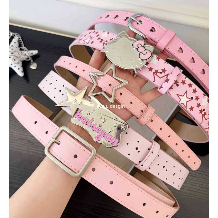 มี u desgin เวอร์ชั่นเกาหลีน่ารัก Polka Dot เข็มขัดลูกไม้ผู้หญิง y2k สาวร้อน Millennium สไตล์การจับคู่กางเกงยีนส์กระโปรงเจาะฟรีอุปกรณ์เสริม