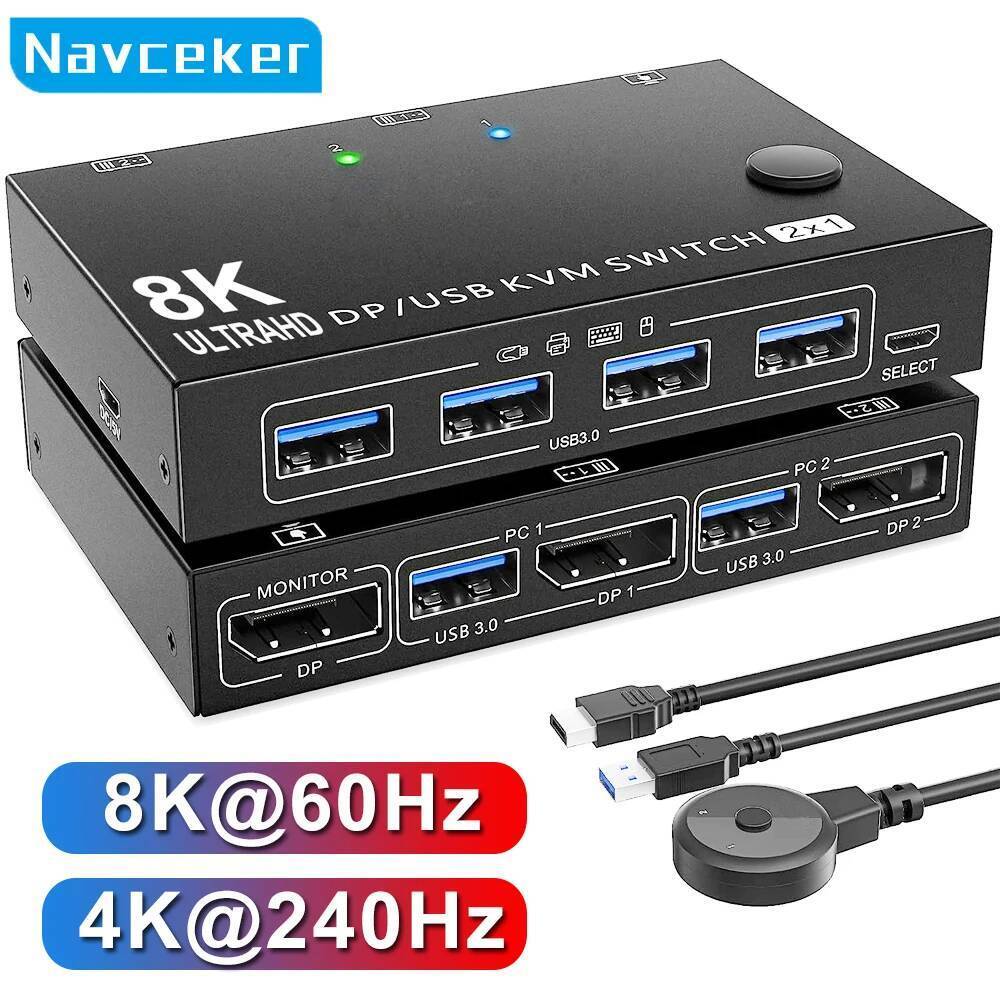 Navceker 4K 240Hz DisplayPort KVM Switch 2 พอร์ต 8K 60Hz DP Video USB Switcher สําหรับ 2 Desktop PC 