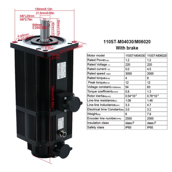 NEW  1200w 110ST-M04030 110ST-M06020 AC 220V servo motor 1.2KW 2500-5000RPM 4N 6N with T3DF-L30F-RA