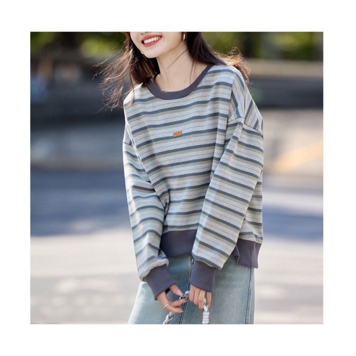 Striped Contrast Color Age-Reduction Sweatshirt สําหรับผู้หญิงฤดูใบไม้ผลิและฤดูใบไม้ร่วงใหม่สไตล์วิท