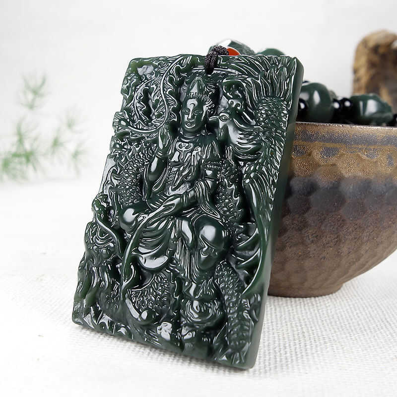 Xinjiang Hetian Sapphire แกะสลักสองด้านมังกร Phoenix Chengxiang Guanyin จี้ Guanyin ยี่ห้อสร้อยคอ Ja