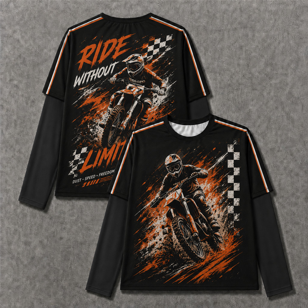 Rally Rider Graphic Mock เสื้อเชิ้ตสองชิ้น Unisex Adventure Streetwear Top