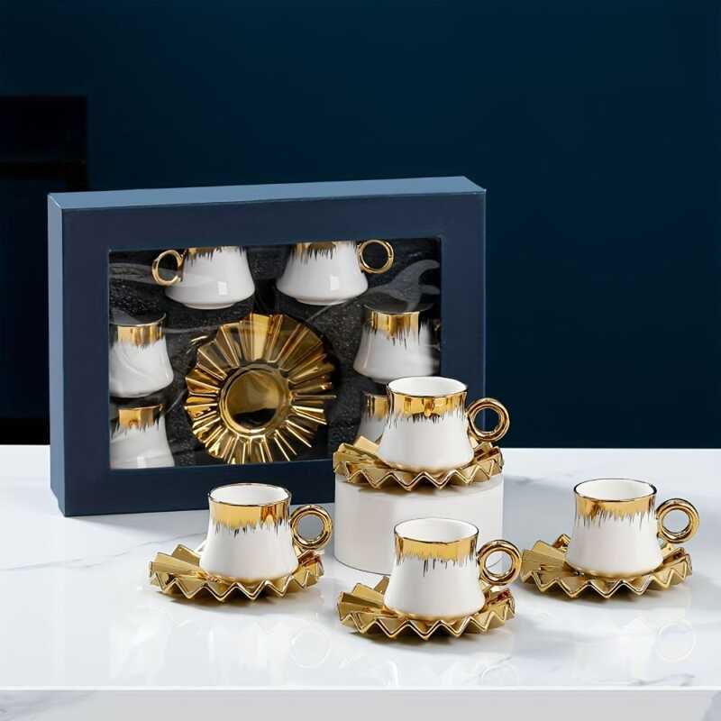 6 Sets, Coffee Cups And Saucers, Turkish Espresso Cups And Saucer Plates, Demitasse Cups With Golde