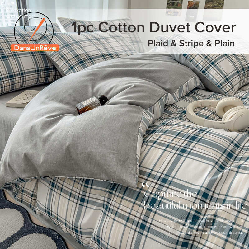 Dansunreve 100% Cotton Duvet Cover Plaid 800TC Breathable Minimalist Style Quilt Cover Single/Queen