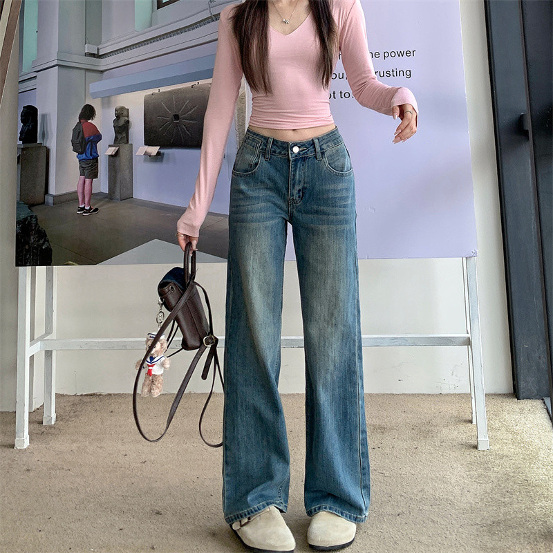 95324 หลวมสีฟ้ากางเกงตรงกางเกงยีนส์กางเกง