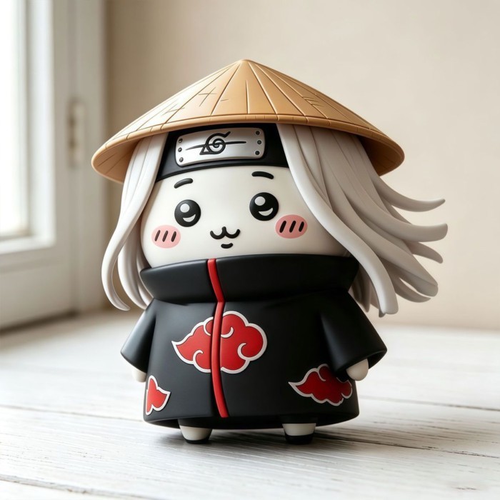 Chiikawa Usagi Cos Uchiha Itachi รูป Akatsuki Cloak หมวกฟางรูปปั้นน่ารักอะนิเมะสะสม