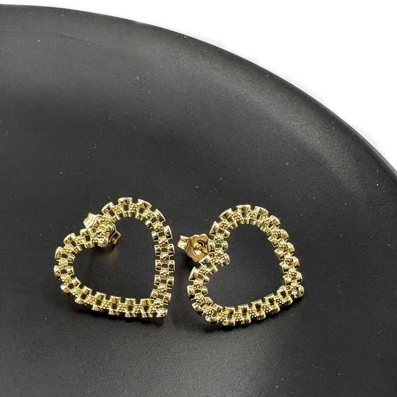 ion Heart Women Earrings 17mm Brass Nugget Jewelry Unusual Hoop Stud with Chain Shape Hip Hop Style