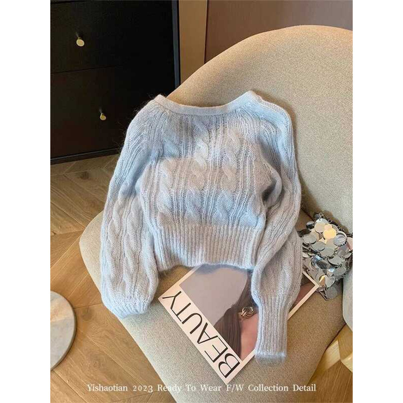 ▥ ผู้หญิง Light Blue เสื้อสเวตเตอร์ถัก Haruku Y2k แขนยาว V คอถักเสื้อกันหนาว Cashmere ความงาม V