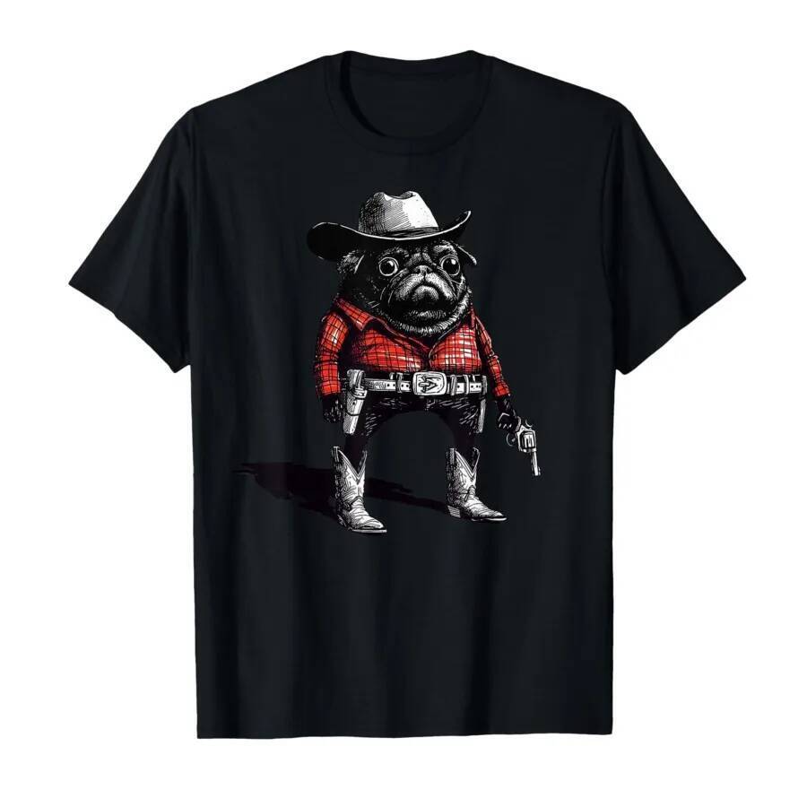 Cowboy Pug Dog Funny Western Outfit Red Pug Cowboy Meme T-shirt For Men Women 100% Cotton T Shirts S