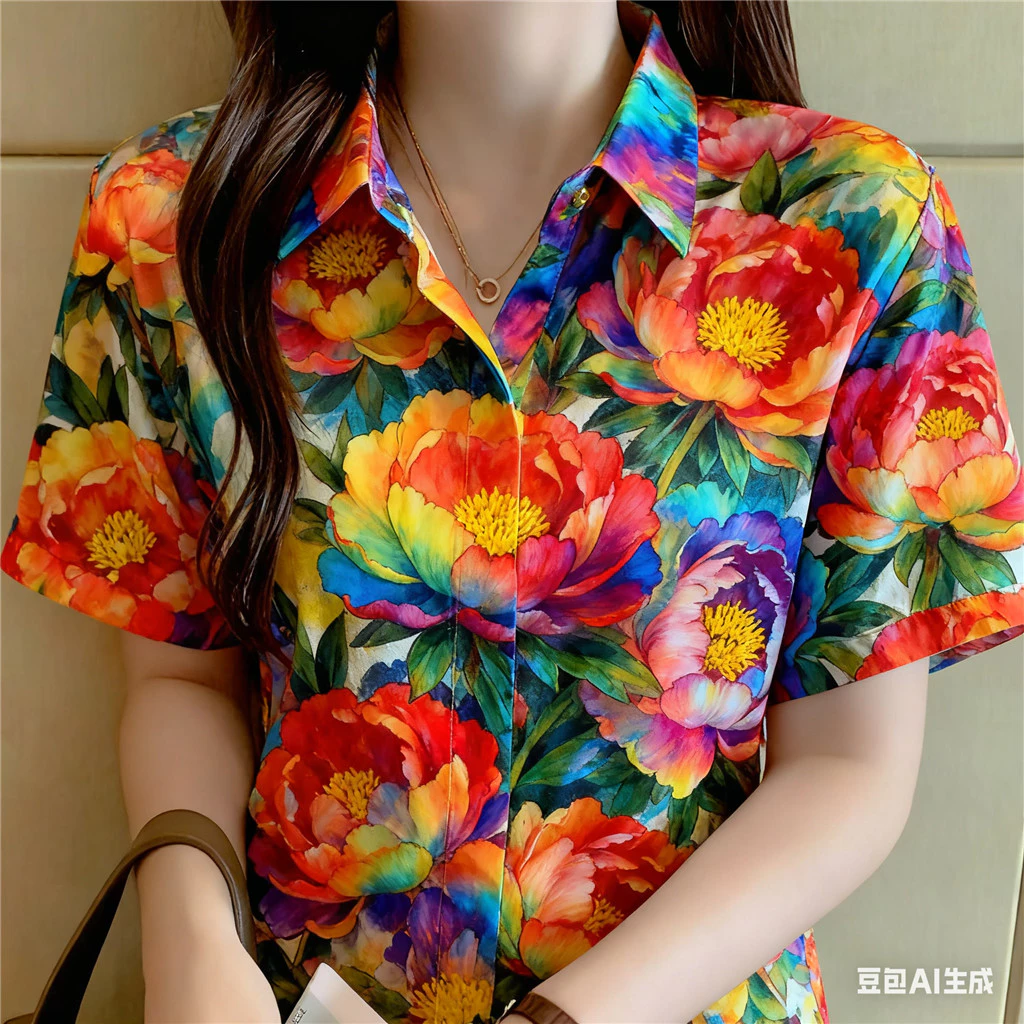 เสื้อผู้หญิง เสื้อท็อปแขนสั้นลายดอกไม้ สไตล์ฮาวาย ไซส์ใหญ่ thumbnail 5