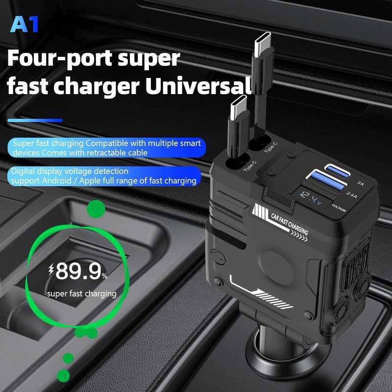C Retractable 4 In 1 Fast Charging Car Charging Cable 4 Ports Car Charger Adapter Compatible With I