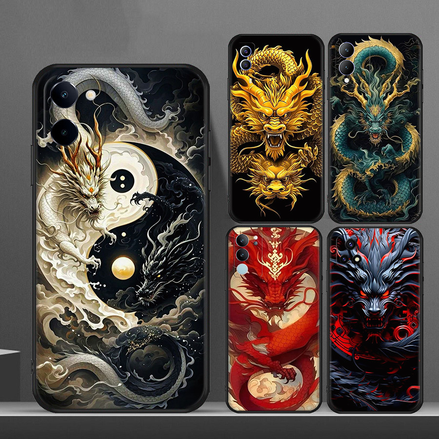 สําหรับ Vivo V21E V25 V27 V27E V27Pro V29E V29 V40 Pro Lite มังกรจีน 8Y14 นุ่มสีดํา TPU เคสโทรศัพท์