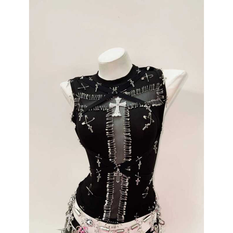 ▥ Y2kเสื้อผ้าy2k Crop Gothicเสื้อผ้าy2kแฟชั่นbustier Top Vintage Cross Gothic Punk Tank Tops