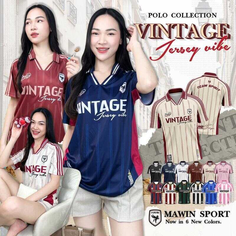 C 2025 New MAWIN เสื้อกีฬาคอปกพิมพ์ลาย Vintage Sport ใส่ได้ทั้งหญิง ชาย