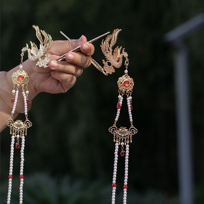 Di Muqing Hand-Made Hanfu Headdress อุปกรณ์เสริมเจ้าสาวอุปกรณ์เสริมผม Phoenix Crown ยาวพู่ Hairpin เ