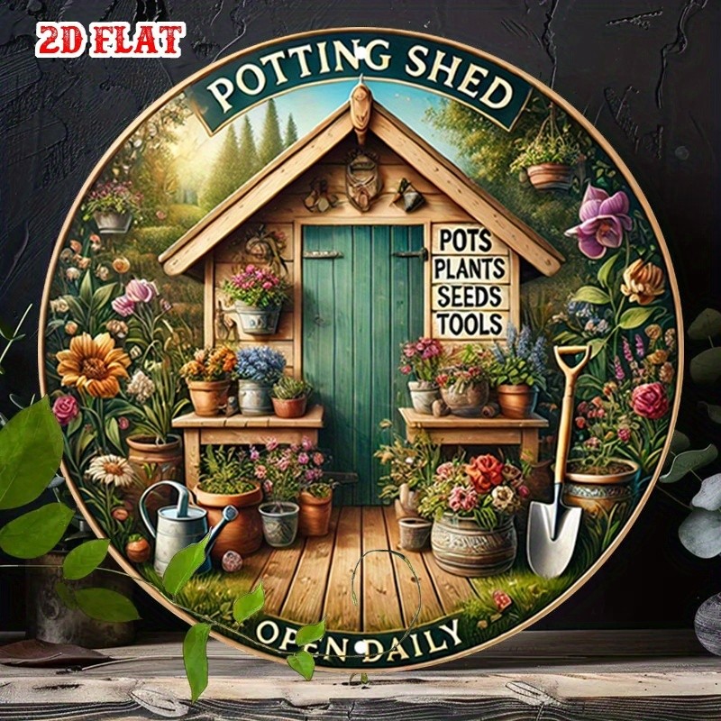 2D Flat, 2D Flat 1 ชิ้น Garden Shed รอบป้ายอลูมิเนียม,ดอกไม้โลหะดีบุกป้าย - เมล็ดศิลปะผนังโลหะชนบท, 